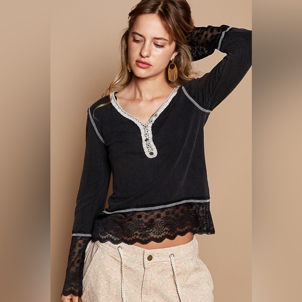 POL Black Henley Top Lace Sleeves - Picture 1 of 5